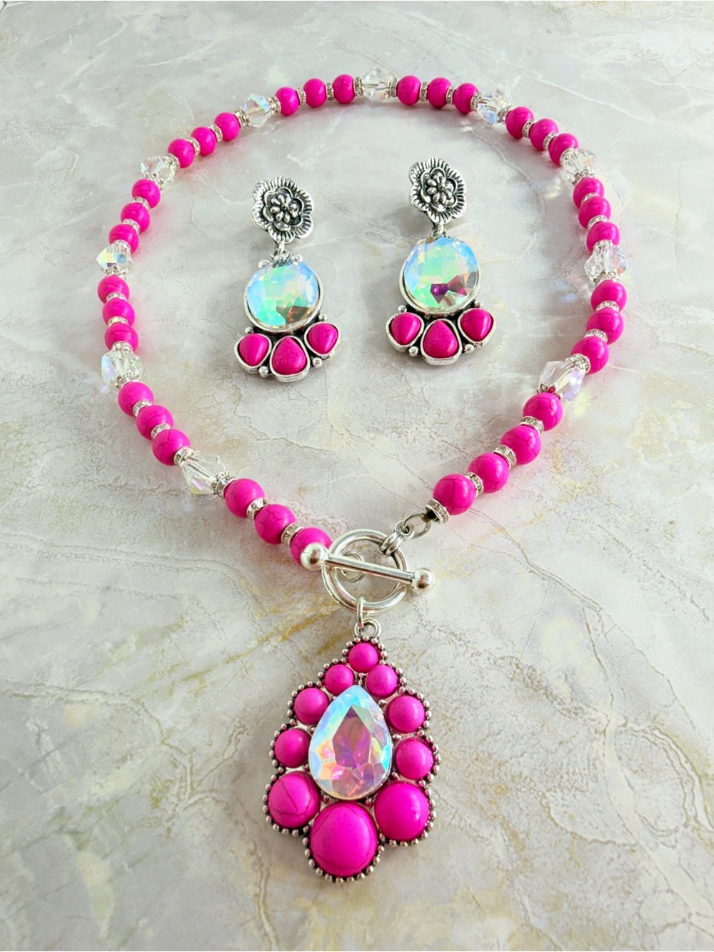 Vibrant Pink Beaded Necklace with Aurora Teardrop Pendant and Matching Earrings